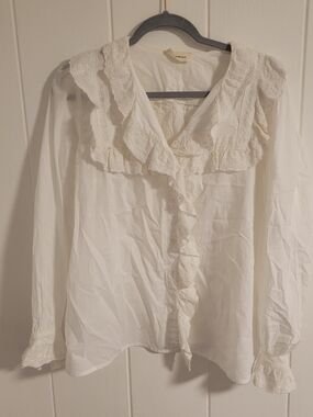 Women’s Nordstorm White Ruffled Lace-Trim Blouse, Cotton